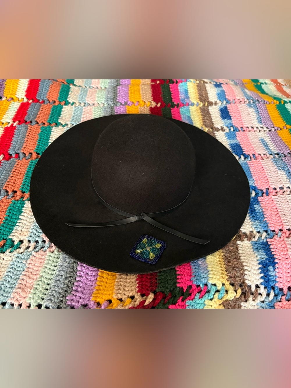 Boho Up-Cycled Wide Brim Wool Hat with Ribbon and Beaded Accent